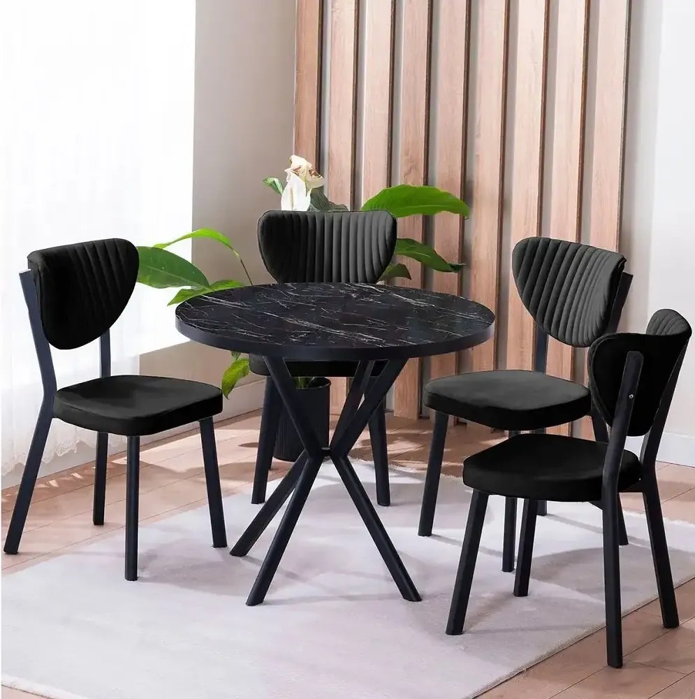 Set Masa Barton din MDF cu 6 Scaune  din metal, culaore nuc si negru, 140 cm