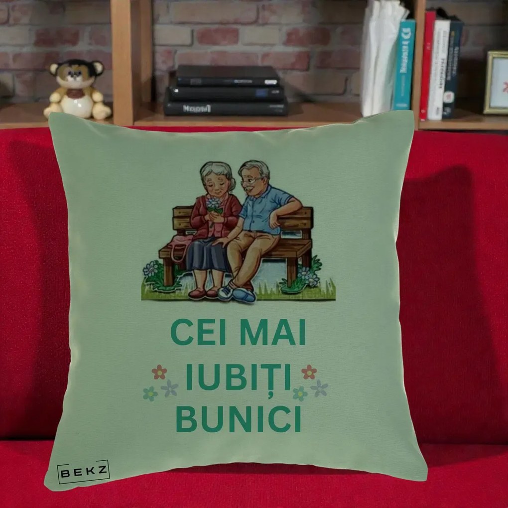 Cadou pentru Bunici - Perna Personalizata Cei Mai Iubiti Bunici Cuplu pe Banca Ilustratie, 40x40 cm, Verde, Husa Detasabila, Perna Inclusa, BEKZ®