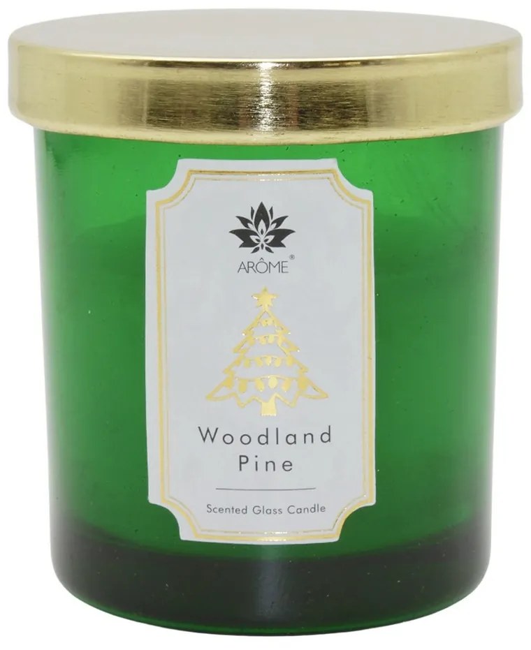 AromeCandelă în sticlă colorată cu capac, WoodlandPine, 125 g