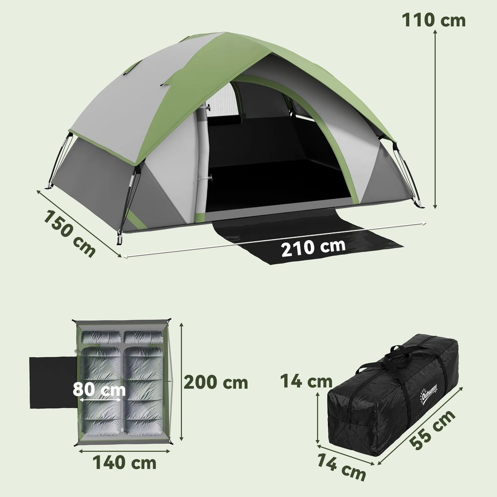 Outsunny Cort de Camping cu 3 Locuri, Geam din Plasă și Cârlig Felinar, Cort de Camping din PE, 270x210x150 cm, Verde | Aosom Romania