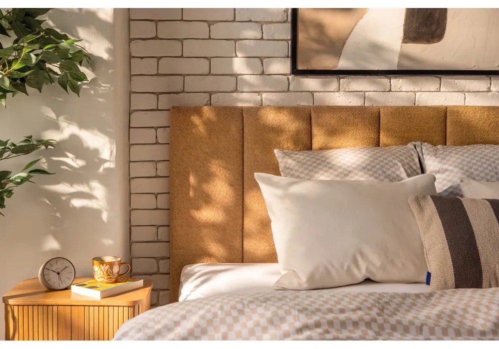 Pat matrimonial galben muștar tapițat cu spațiu de depozitare cu somieră 180x200 cm Thessa Bold Line – Bonami Selection