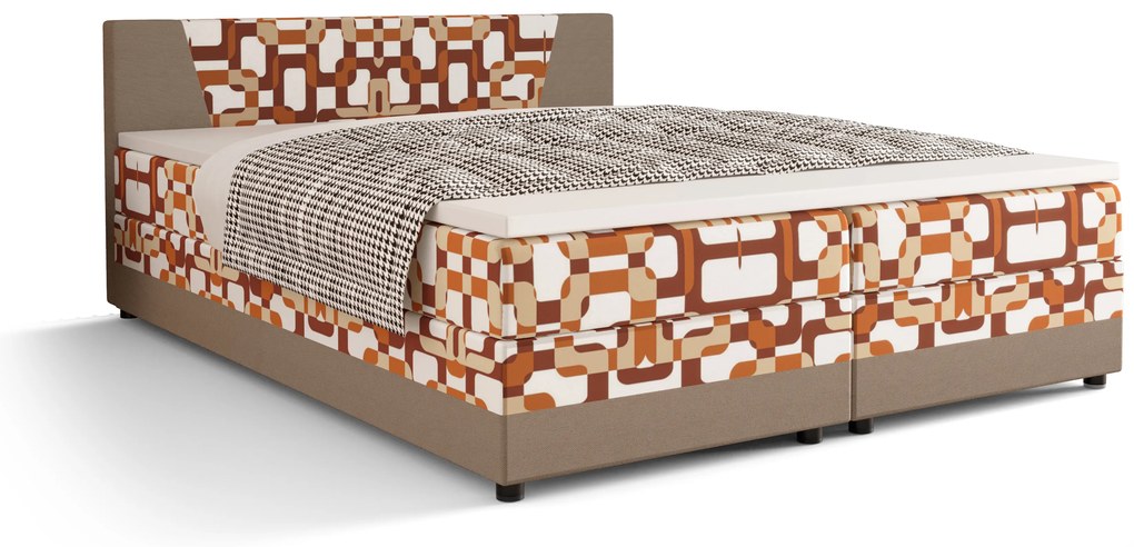 Pat matrimonial Boxspring 140 cm Linda Comfort (Motiv + maro deschis) (cu saltea și sp. depozitare). 1056047