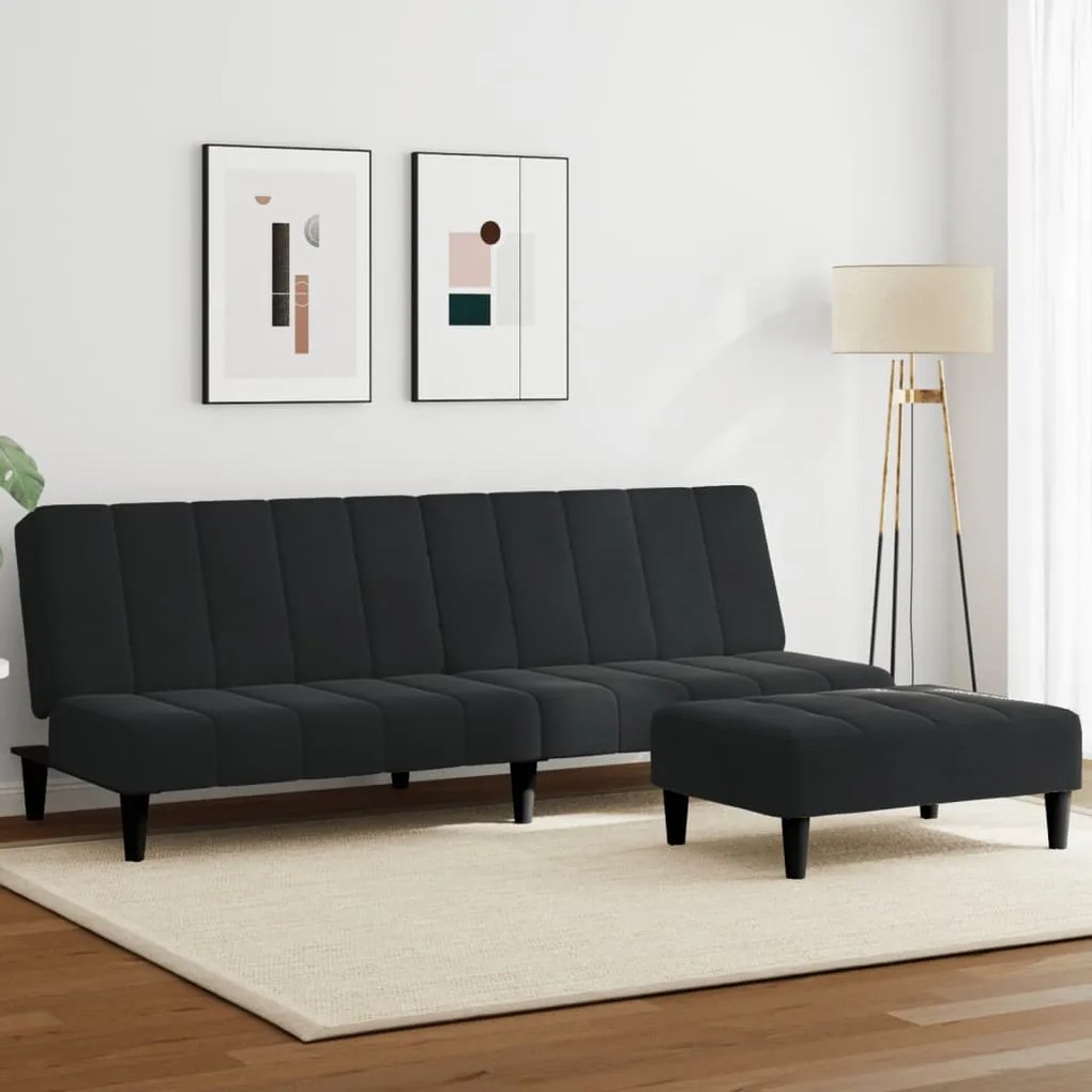 vidaXL Canapea extensibilă cu taburet, 2 locuri, negru, catifea