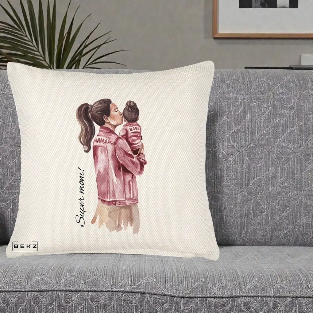 Cadou pentru Mama - Perna Personalizata Super Mom Jachete Roz, 40x40 cm, Crem Reliefat, Husa Detasabila, Perna Inclusa, BEKZ®