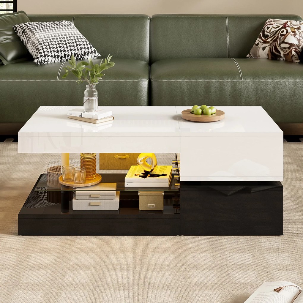 Masă de cafea cu iluminare ambientală LED, poliță din sticlă &amp; finisaj lucios, 90x45x35,5 cm, Alb+Negru