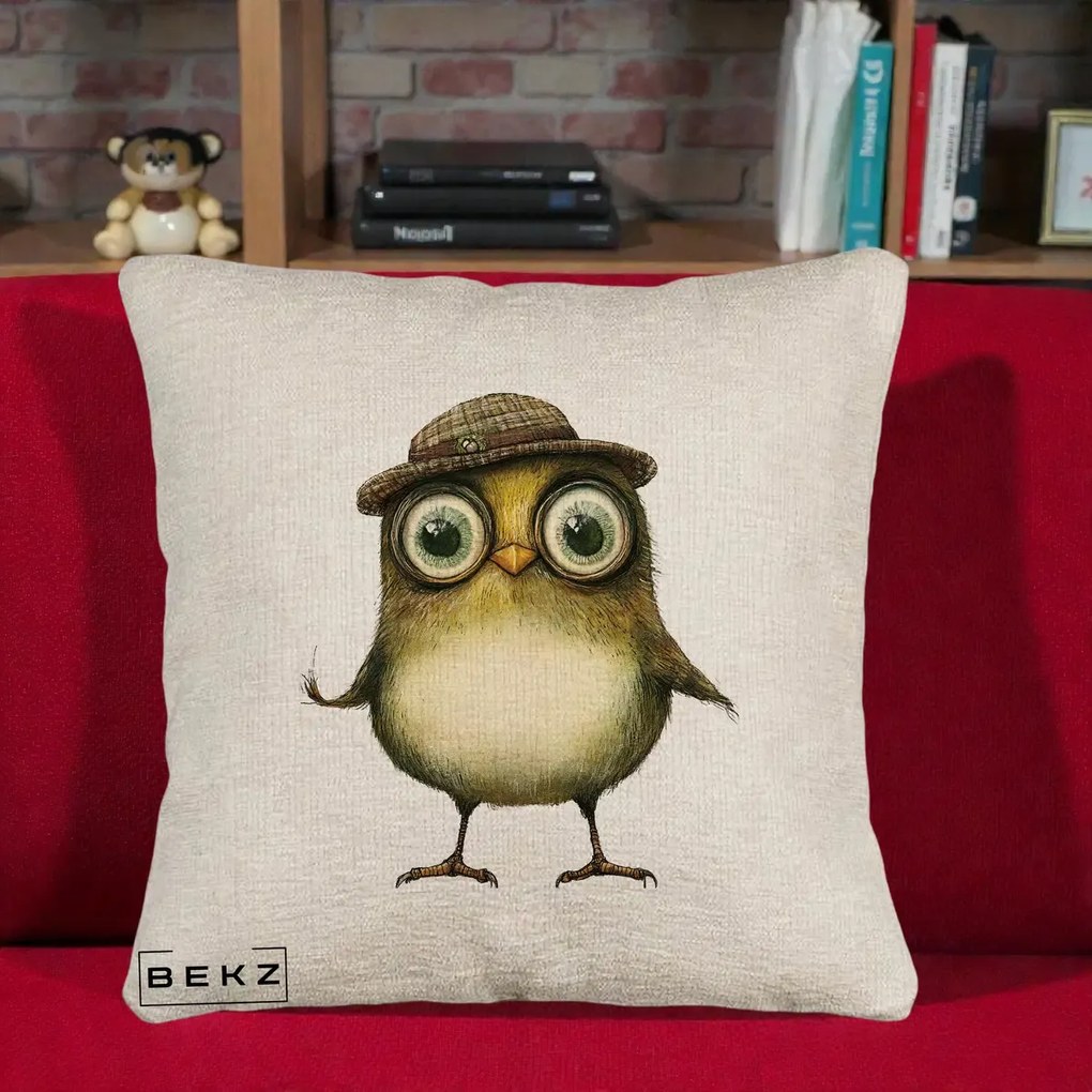 Perna Decorativa Pui Intelectual cu Palarie Tweed, 40x40 cm, Bej Canapea, Husa Detasabila, Perna Inclusa, BEKZ®