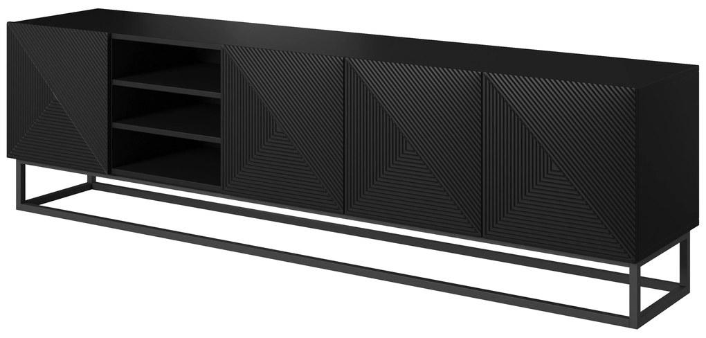 Comodă TV Asha 200 cm, cu fronturi riflate, spațiu deschis și cadru metalic – negru mat
