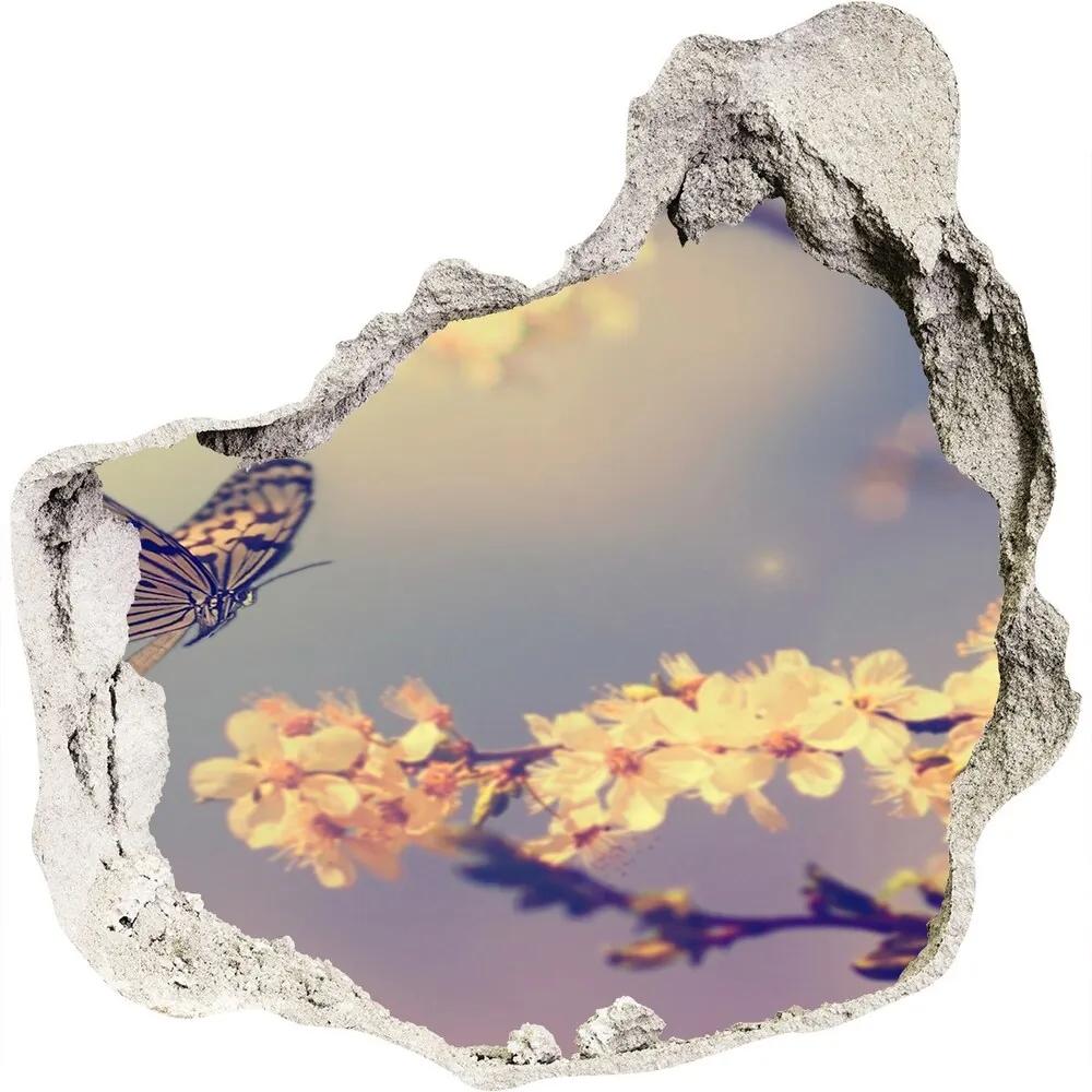 Autocolant de perete gaură 3D Floare de cireș și fluture