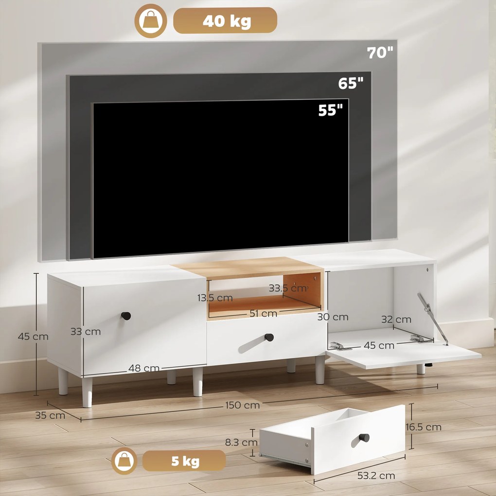 HOMCOM Mobilier TV, Suport TV până la 70" cu 2 Uși Rabatabile, Balamale Soft Close, Sertar, Raft Deschis, 8 Picioare pentru Sufragerie, Dormitor, 150x35x45 cm, Alb și Culoare Lemn | Aosom Romania