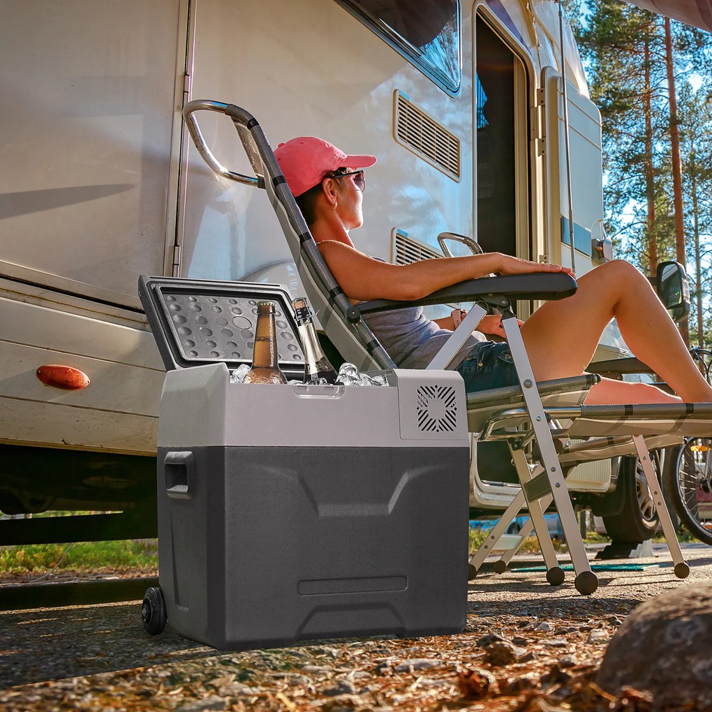 HOMCOM Frigider Auto de 50L cu Panou Touch, Mâner și 2 Roți, 58.6x37.8x54.5 cm, Gri | Aosom Romania