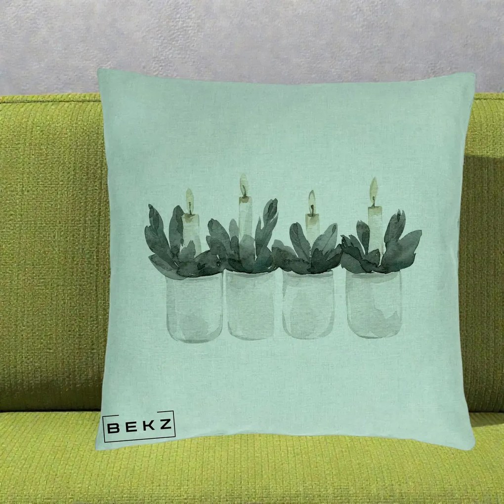 Perna Decorativa Lumanari in Borcane cu Eucalipt, 40x40 cm, Verde Menta, Husa Detasabila, Perna Inclusa, BEKZ®