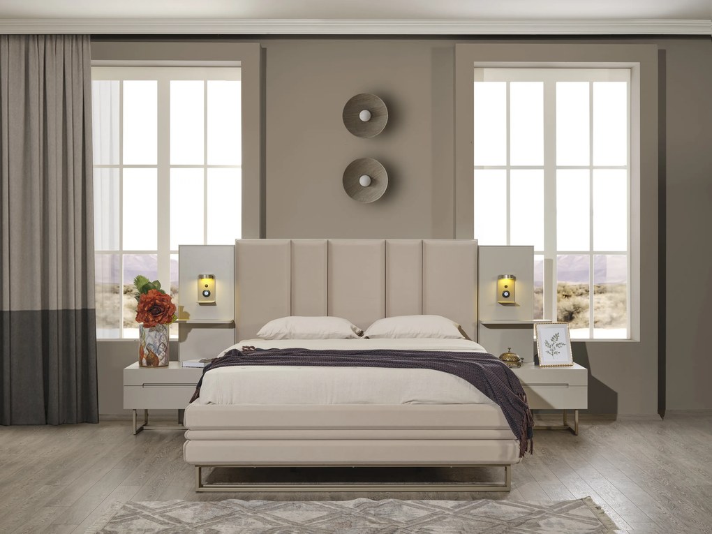 Set dormitor cu pat, noptiere, dulap, comoda din mdf crem si picioare metalice - riva