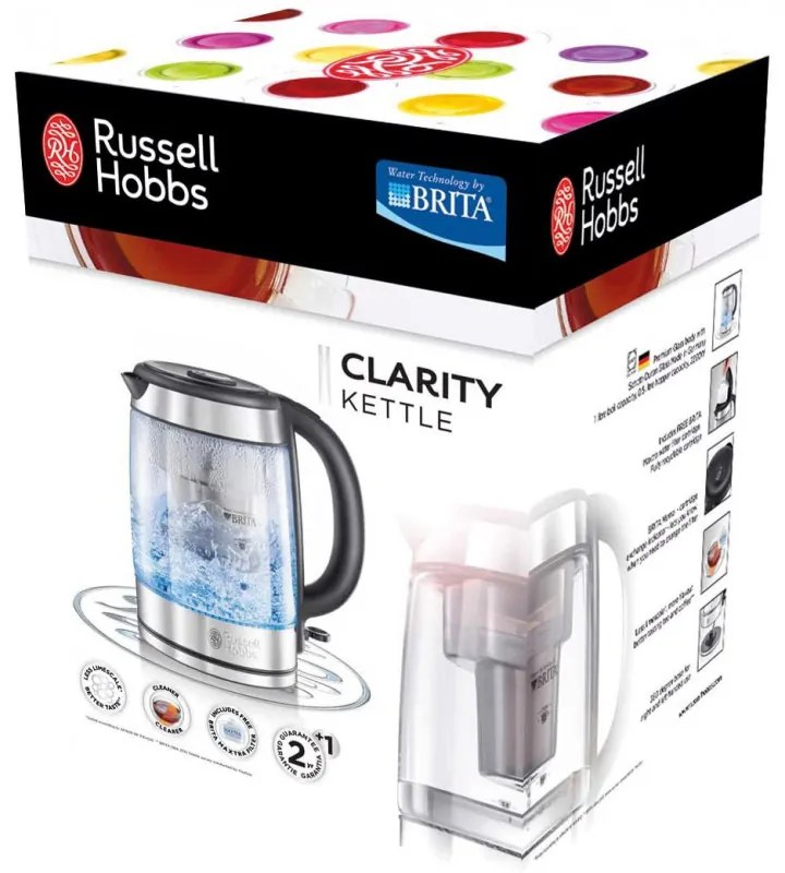 Fierbator electric din sticla cu filtru Russell Hobbs Clarity 20760-57, 2200W, 1L, Iluminat, SCHOTT DURAN, Filtru BRITA, Inox