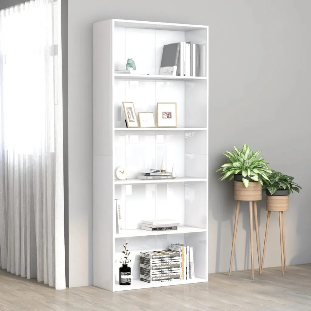 801032 vidaXL Bibliotecă cu 5 rafturi, alb extralucios, 80x30x189 cm, PAL