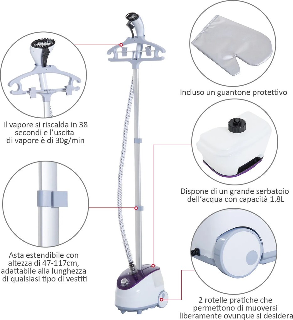 HomCom Fier de Calcat cu Vapor Vertical Profesional cu Rezervor 1.8L 1800W