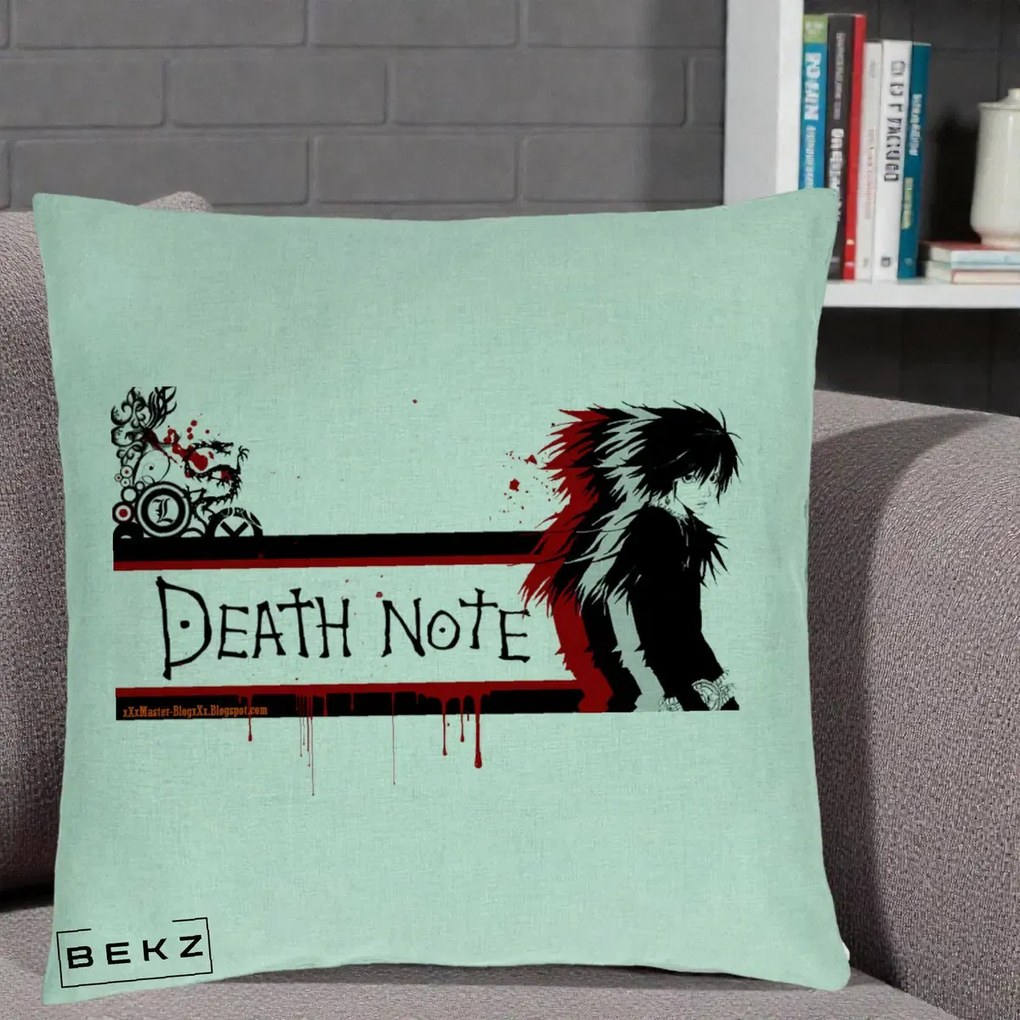 Perna Personalizata Death Note L Lawliet Rosu-Negru, 40x40 cm, Verde Menta, Husa Detasabila, Perna Inclusa, BEKZ®