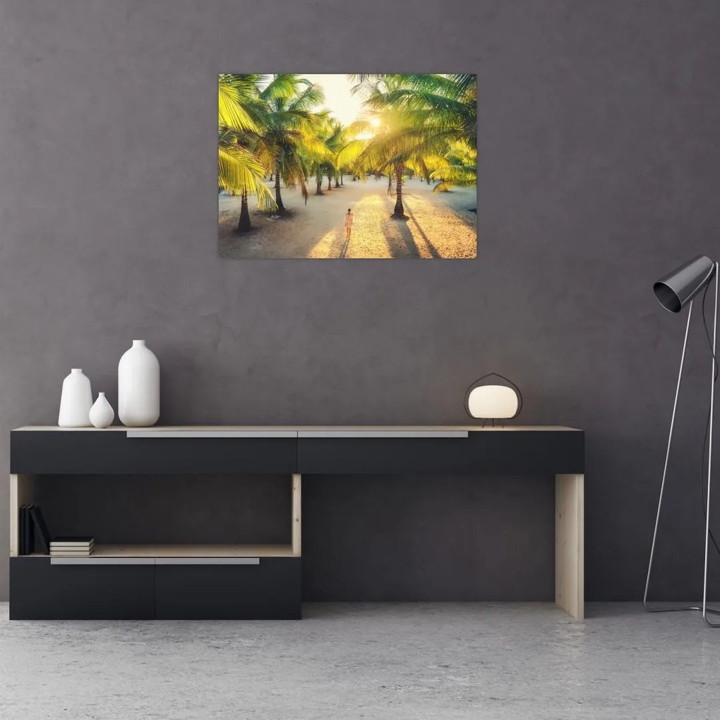 Tablou pe sticlă - Femeie între palmieri (70x50 cm)