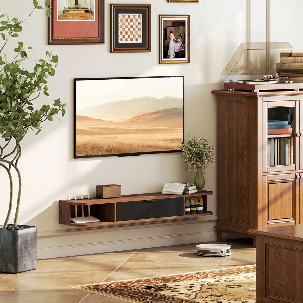 HOMCOM Mobilier TV Suspendat, Suport TV Până la 50" cu Sertar Rabatabil, 2 Rafturi Deschise și Orificiu pentru Cabluri, Mobilier pentru Televizor pentru Sufragerie, Dormitor și Sală de Stat, 120x24x16 cm, Nuc | Aosom Romania