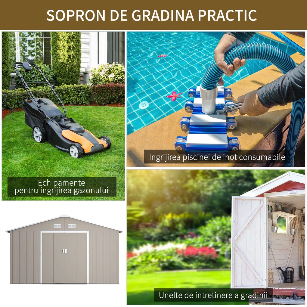 Outsunny Magazie de Gradina cu Usi Duble Glisante si Acoperis Inclinat, Sopron de Gradina din Otel si PP, 3.4x4x2m, Gri | Aosom Romania