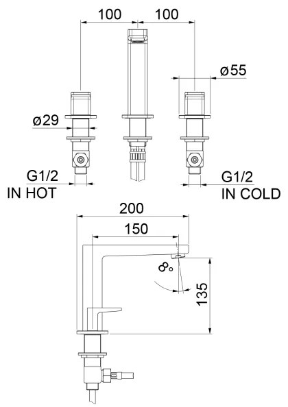 Sapho - Baterie pentru lavoar cu 3 găuri TURSI, crom lucios