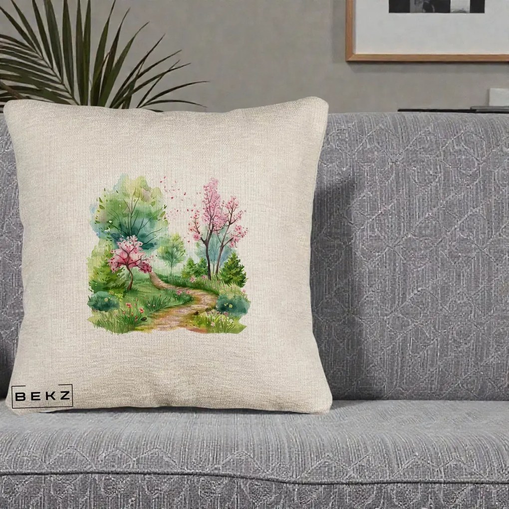 Perna Decorativa Gradina Primavara Acuarela, 40x40 cm, Bej Canapea, Husa Detasabila, Perna Inclusa, BEKZ®