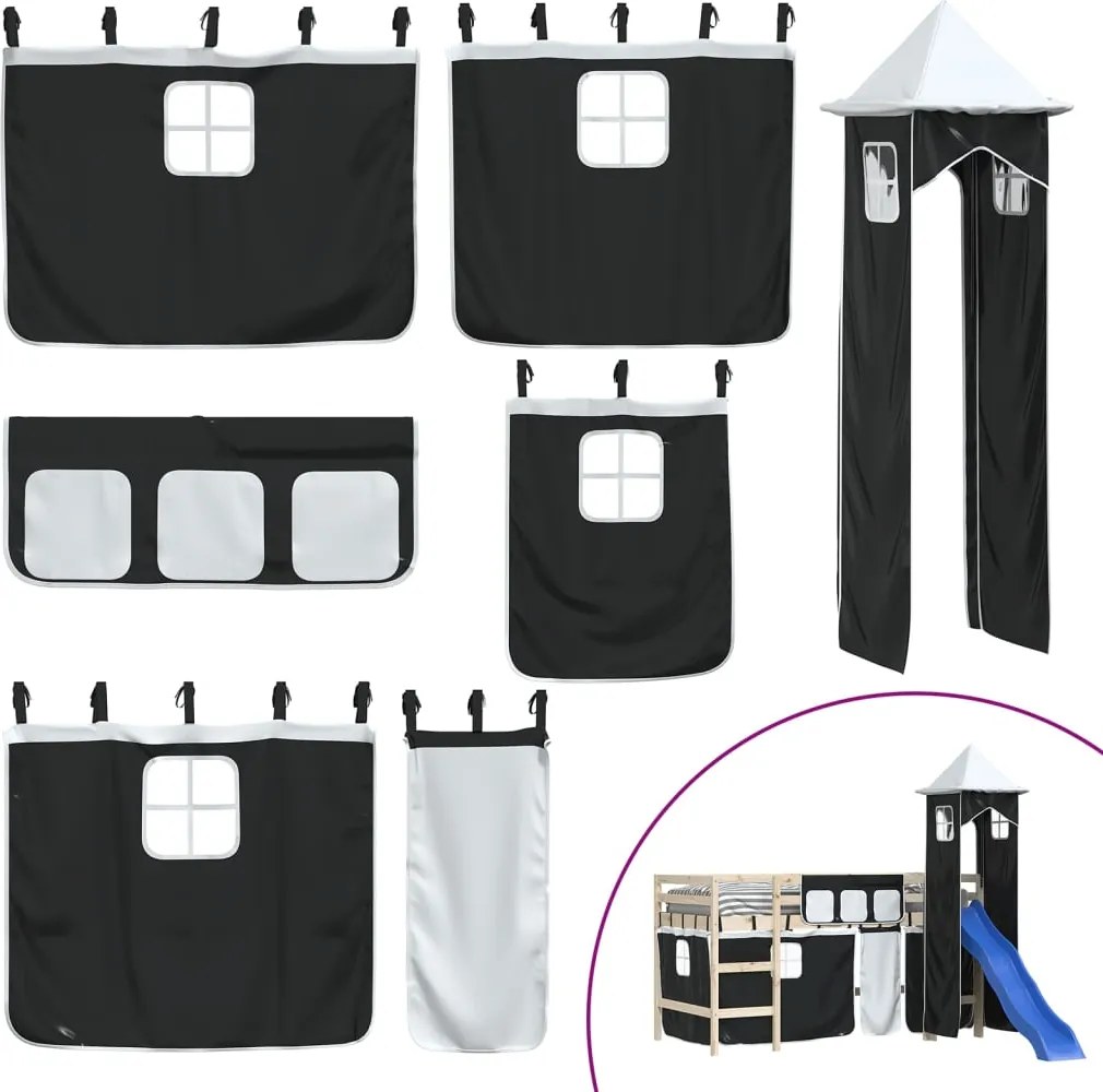 vidaXL Perdele pentru pat etajat cu turn, alb și negru, poliester