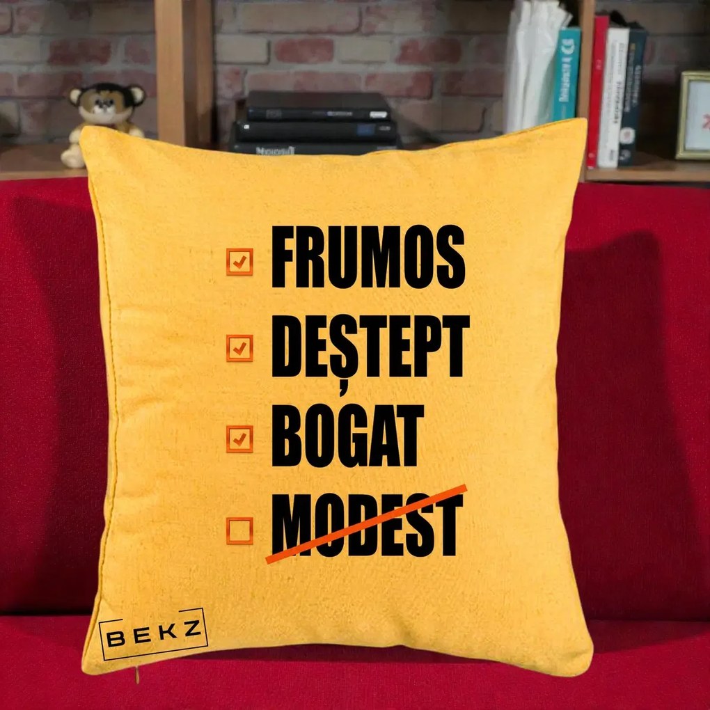 Perna Decorativa Frumos Destept Bogat, 40x40 cm, Galben, Husa Detasabila, Perna Inclusa, BEKZ®