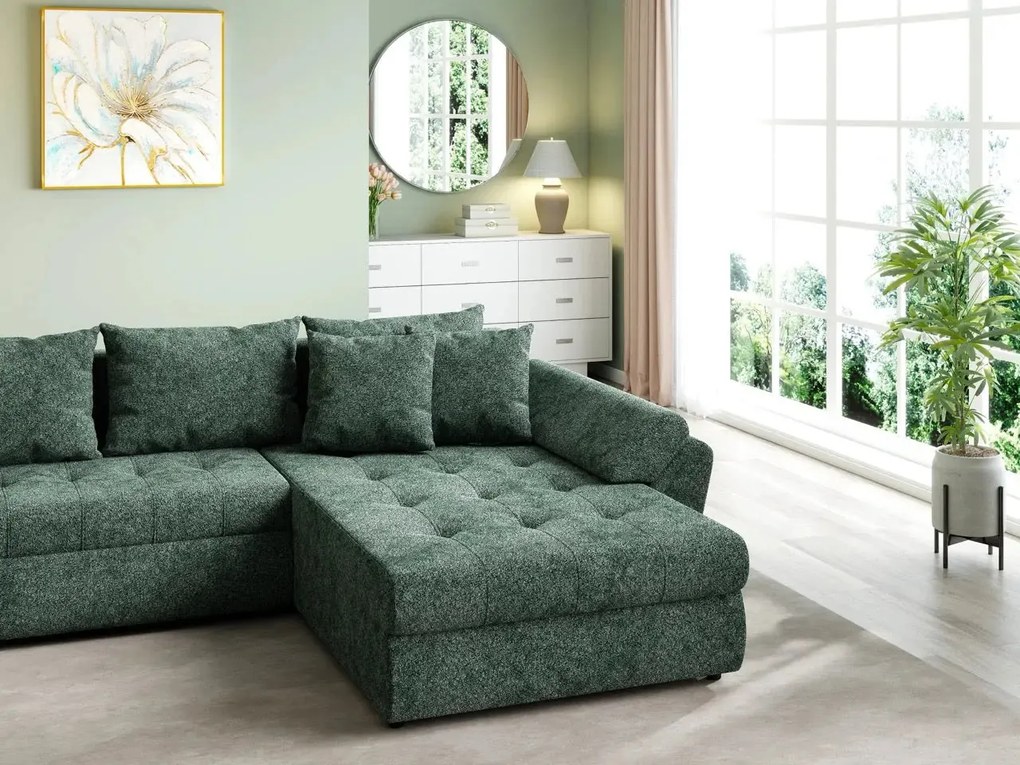 Colțar extensibil dumonde cu ladă de depozitare si sezut confortabil din spuma high-density, Loana U Euphoria Green 355x185 cm