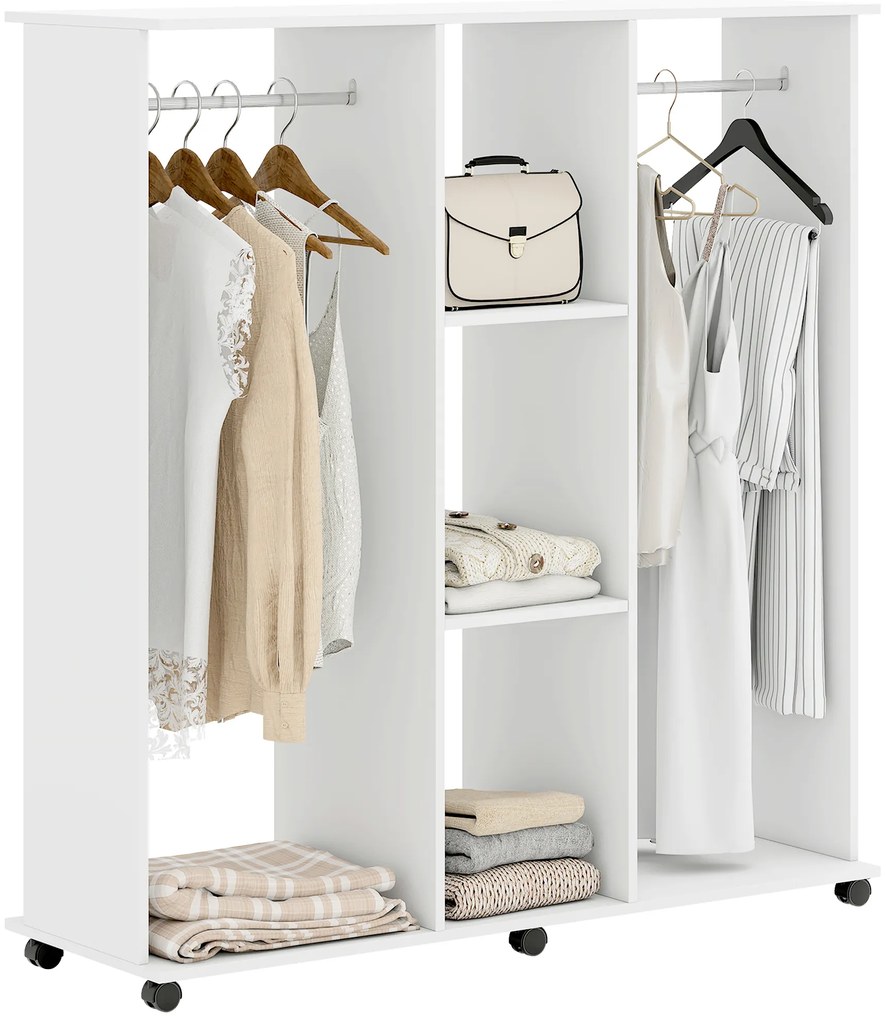 HOMCOM Dulap-penderie mobilier de depozitare mobil 6 roți 120 x 40 x 128 cm din lemn alb | Aosom Romania