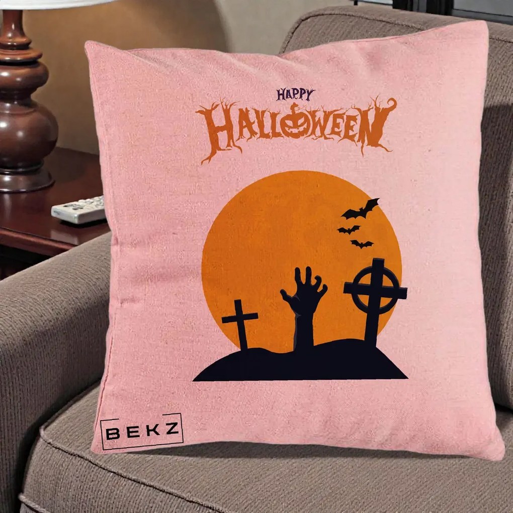 Perna Decorativa Happy Halloween Cimitir cu Luna, 40x40 cm, Roz, Husa Detasabila, Perna Inclusa, BEKZ®