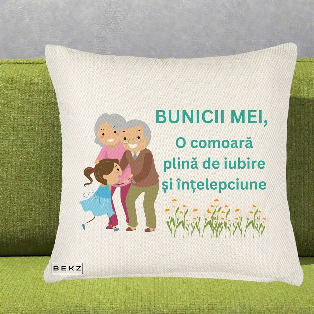 Cadou pentru Bunici - Perna Personalizata Bunicii Mei Comoara Iubire Intelepciune Nepoata, 40x40 cm, Crem Reliefat, Husa Detasabila, Perna Inclusa, BEKZ®