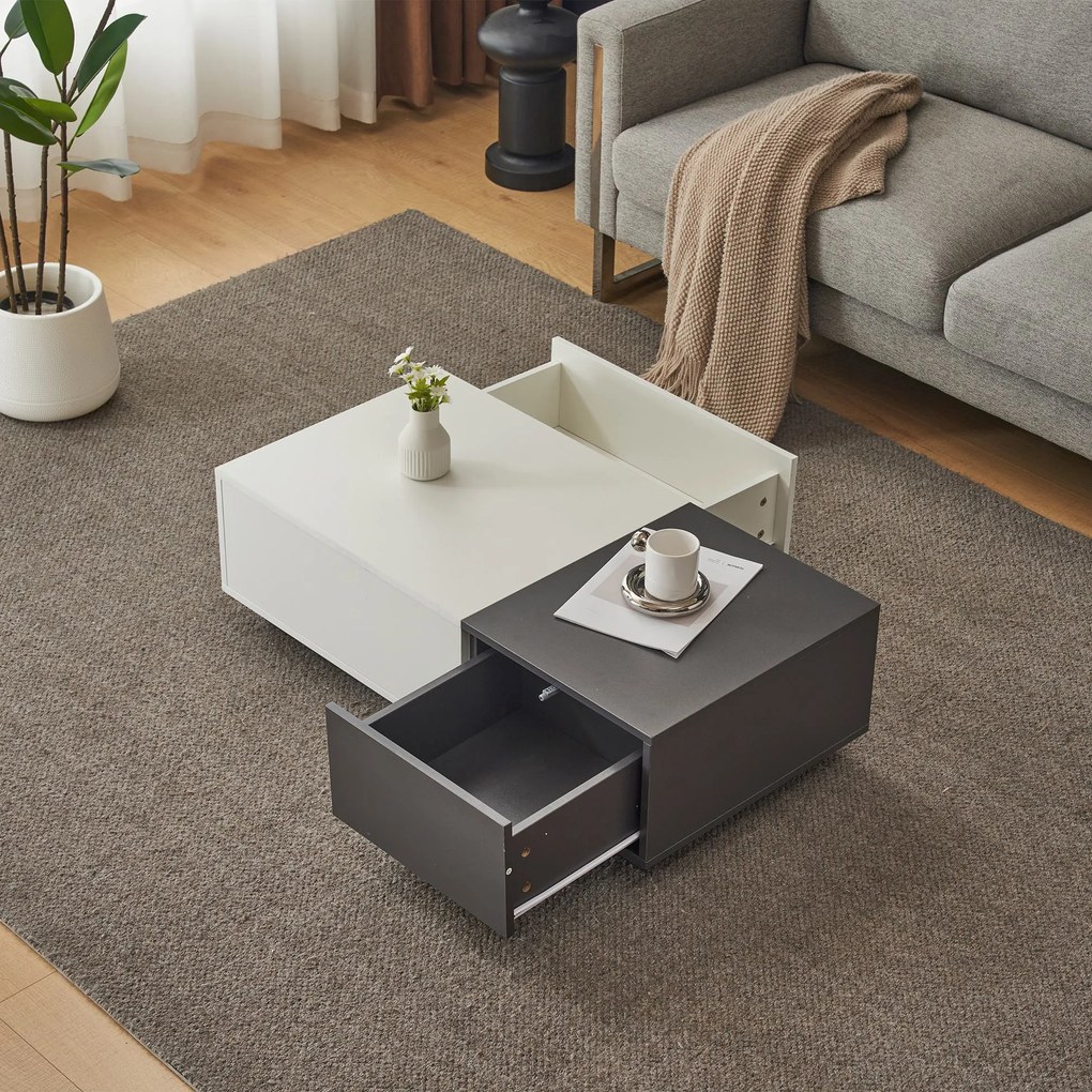 Măsuță de cafea modernă dreptunghiulară cu 2 sertare, 100×50×30 cm, Alb+gri