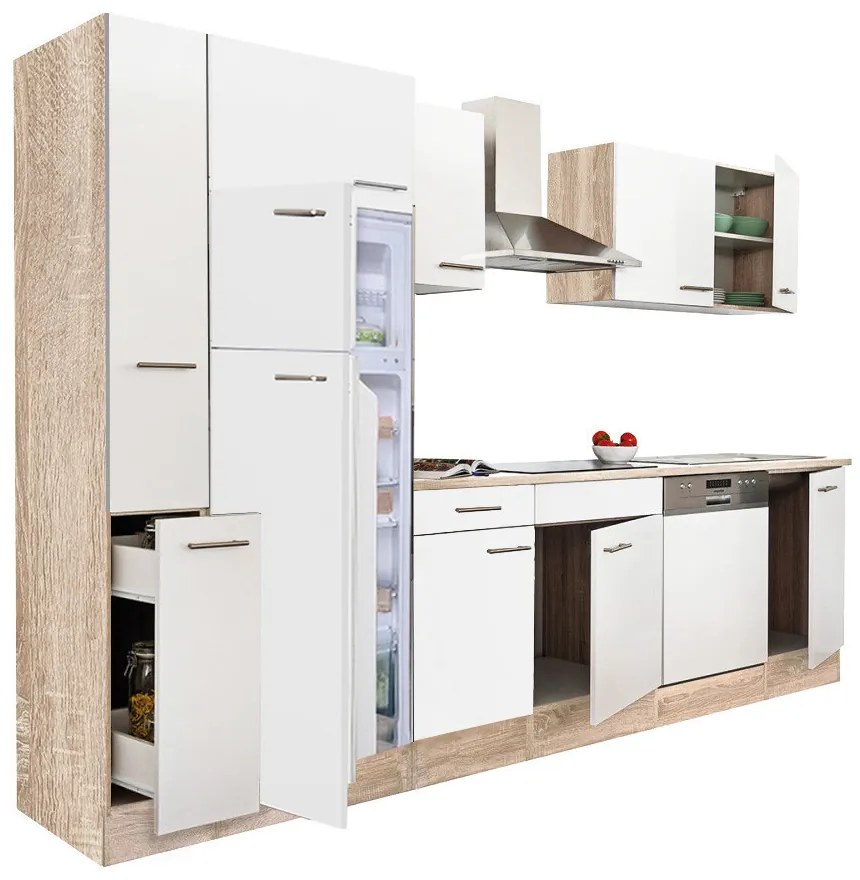 Mobilă de bucătărie Yorki 310, corp din stejar sonoma, față alb satinat, frigider cu congelator superior