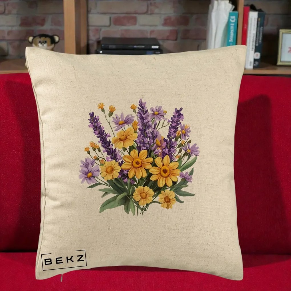 Perna Decorativa Lavanda cu Margarete Galbene si Lila, 40x40 cm, Bej, Husa Detasabila, Perna Inclusa, BEKZ®
