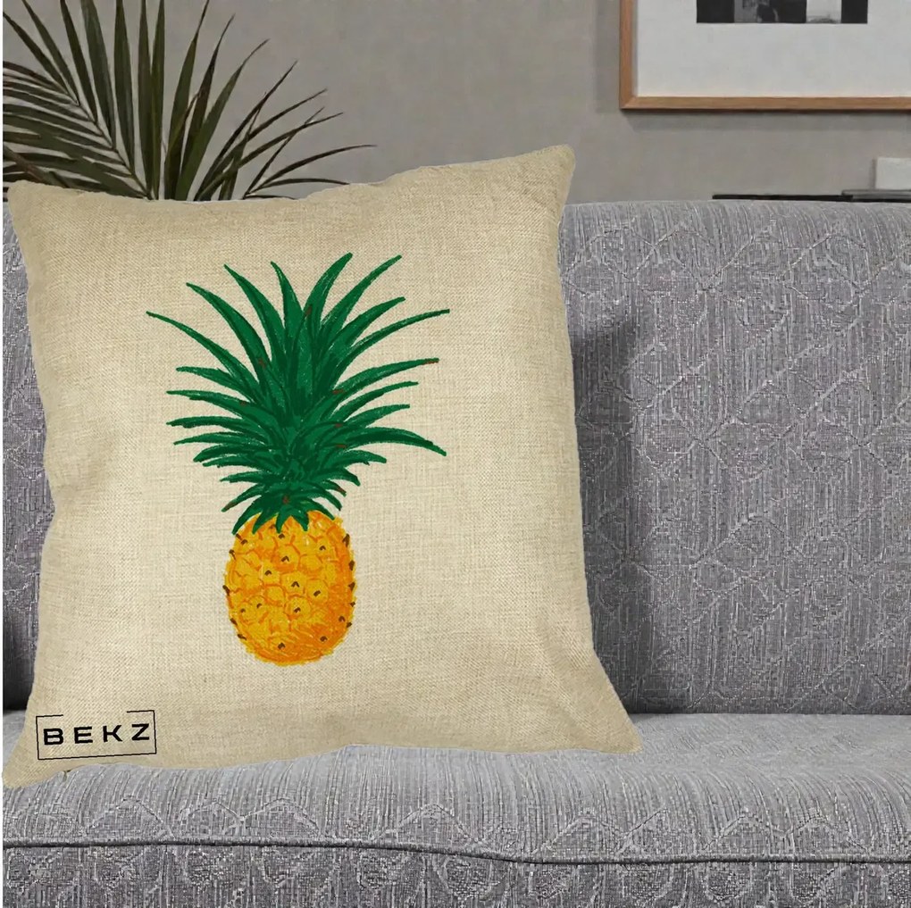 Perna Decorativa Ananas Tropical, 40x40 cm, Crem, Husa Detasabila, Perna Inclusa, BEKZ®