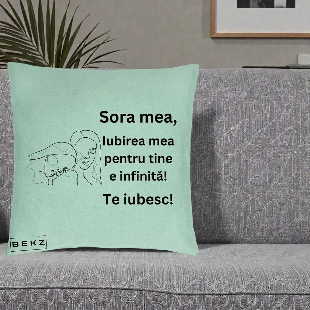 Cadou pentru Sora - Perna Personalizata Sora Mea Te Iubesc Line Art Portrete Fata in Fata, 40x40 cm, Verde Menta, Husa Detasabila, Perna Inclusa, BEKZ®