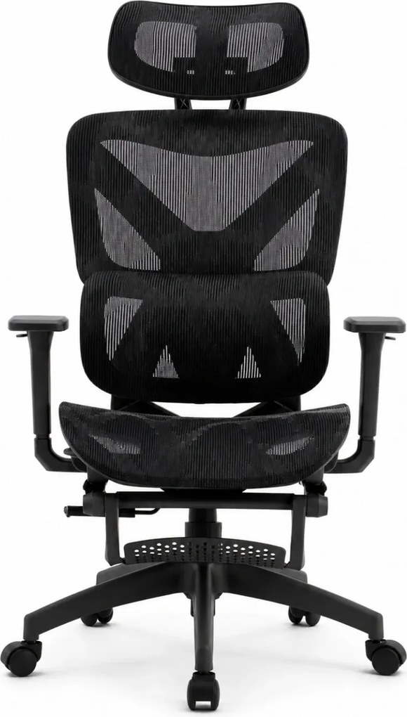 Scaun ergonomic, functie translatie sezut, cotiere 3D, tetiera 3D, suport lombar Adaptive, pivotant, suport picioare, Negru