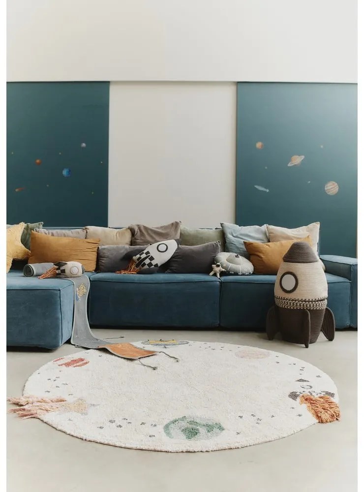 Covor de joacă pentru copii, crem, lavabil, țesut manual din bumbac ø140 cm Interstellar Journey – Lorena Canals