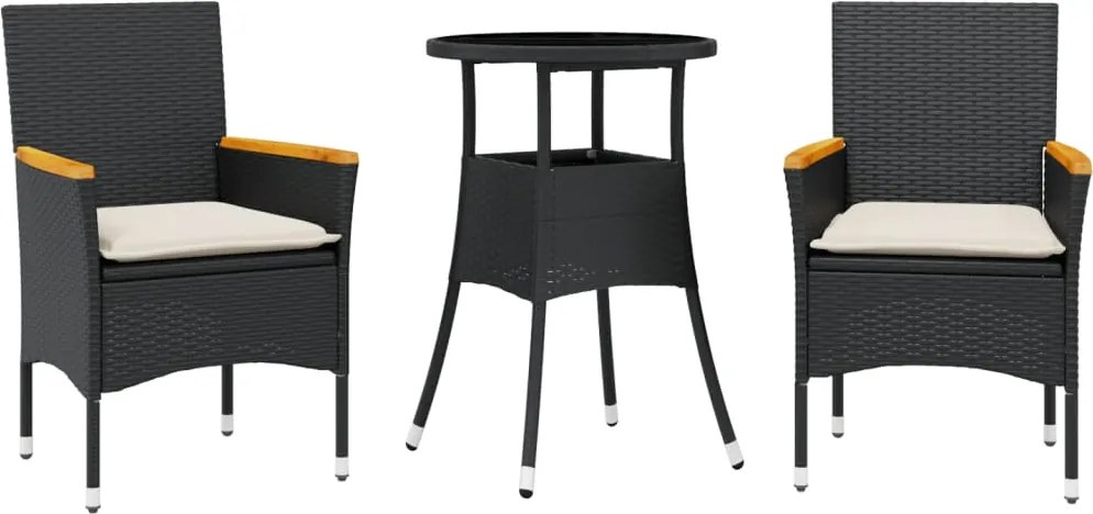 vidaXL Set mobilier de grădină cu perne 3 piese negru poliratan&sticlă