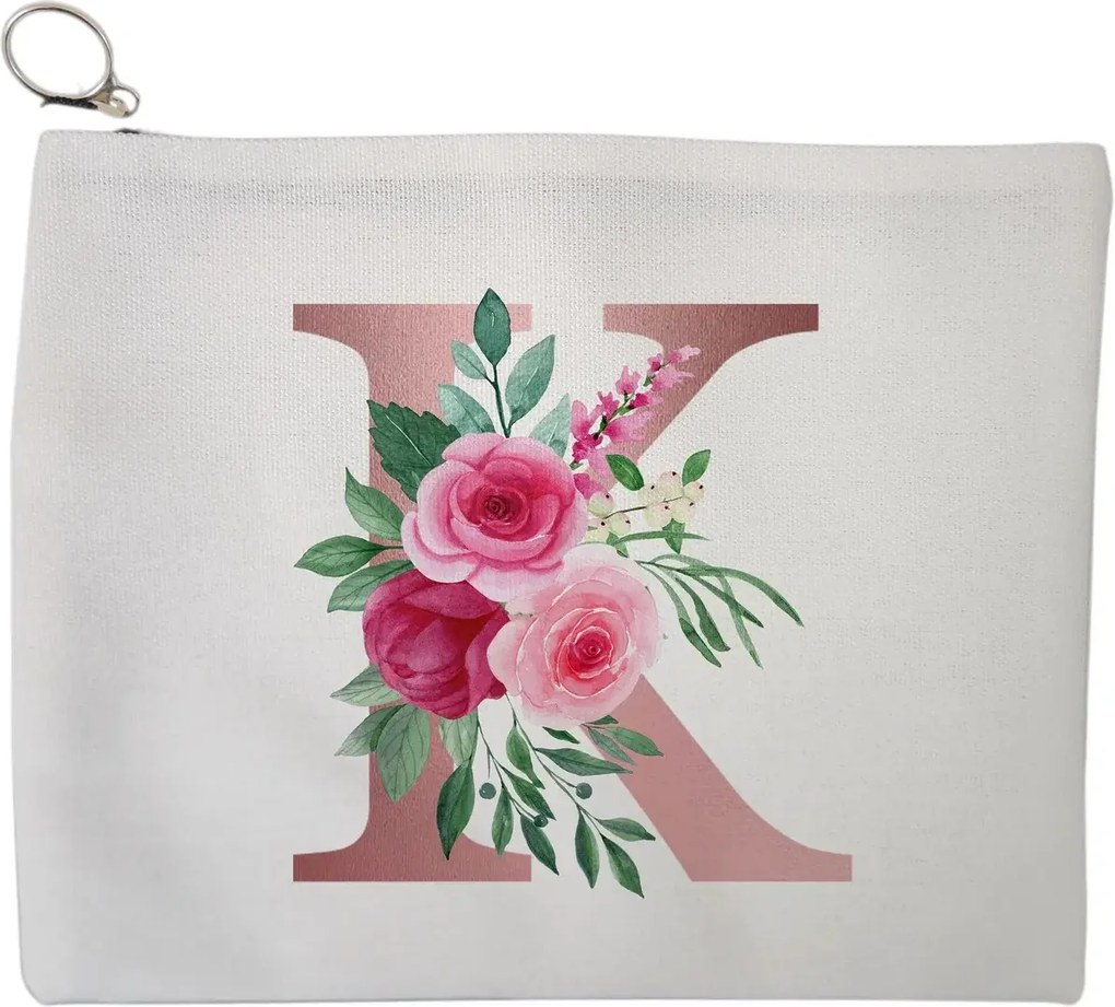 Portfard Cosmetice tip Plic, Cu litera K Rose Gold si Trandafiri, 23x18 cm, Alb, BEKZ®