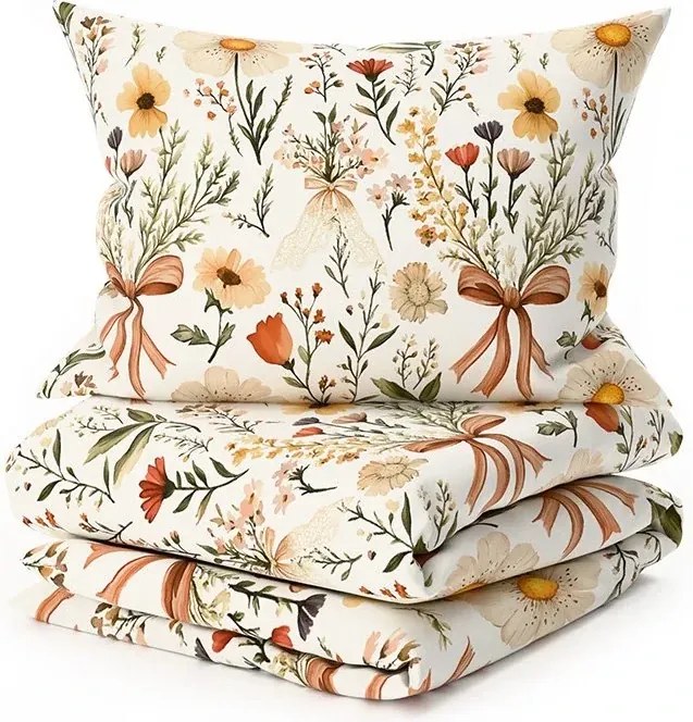 Set lenjerie de pat creponata FLORAL RIBBON POLY colorata + cearsaf Jersey 180 x 200 cm bej deschis, pat dublu