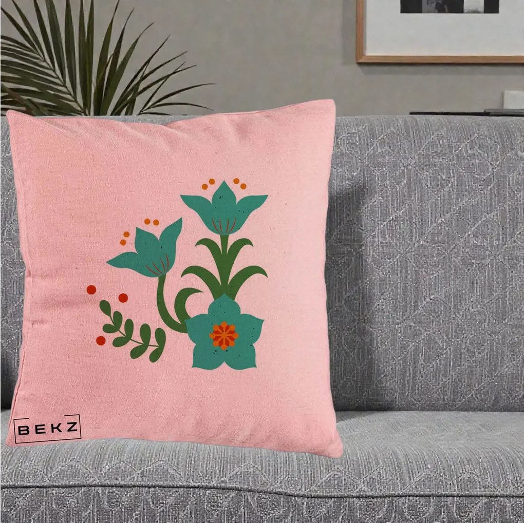 Perna Decorativa Flori Stilizate Folk Turcoaz, 40x40 cm, Roz, Husa Detasabila, Perna Inclusa, BEKZ®