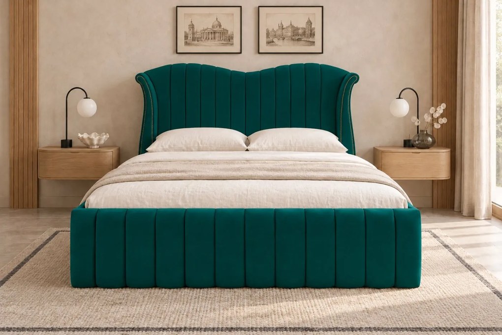 Pat tapițat din catifea Alora 160×200 cm, verde, cu ladă de depozitare