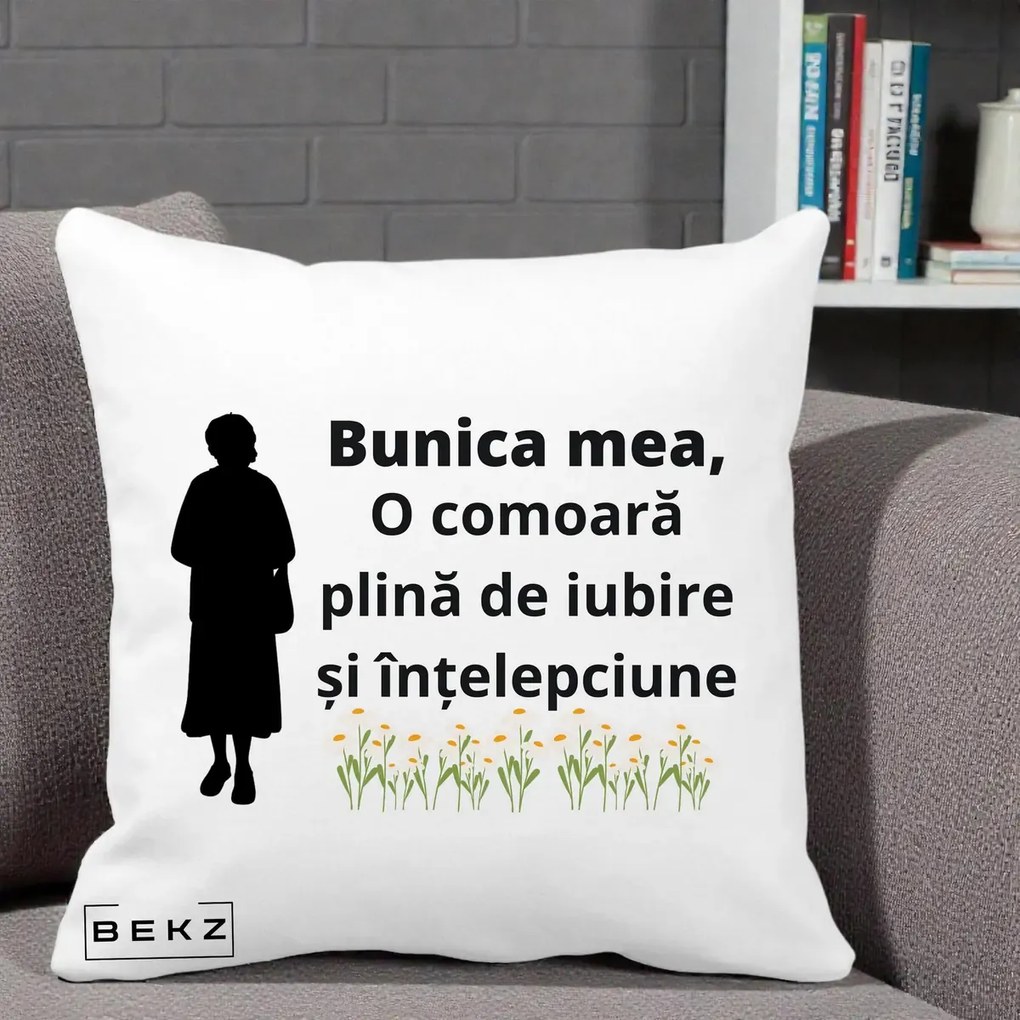 Cadou pentru Bunica - Perna Personalizata Bunica Mea Comoara Iubire Intelepciune Silueta cu Nepoata, 40x40 cm, Alba Mata, Husa Detasabila, Perna Inclusa, BEKZ®