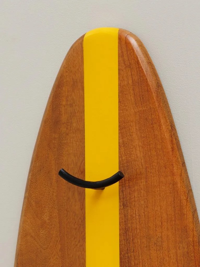 Cuier de perete din lemn de mango și fier, natur și galben, în formă de placă de surf, cu cârlig dublu, 147 x 40 x 8 cm, „Yellow Surf”