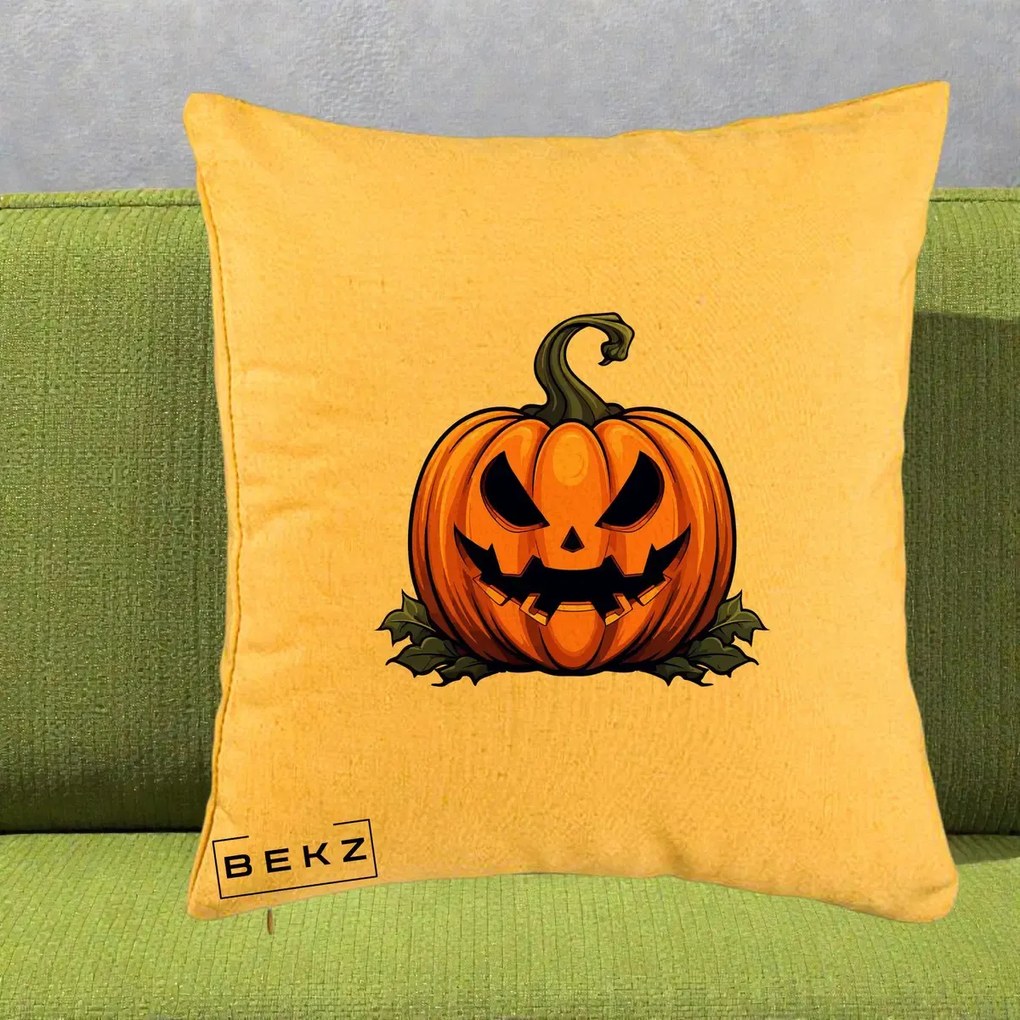 Perna Decorativa Halloween Jack-o'-Lantern Infricosator, 40x40 cm, Galben, Husa Detasabila, Perna Inclusa, BEKZ®