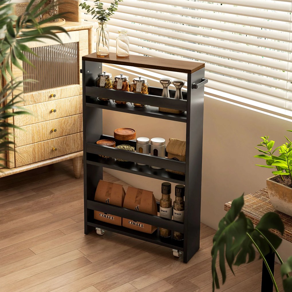 HOMCOM Cărucior de depozitare pe roți 3 nivele de depozitare și mâner, dim. 51,5l x 13l x 80H cm | Aosom Romania