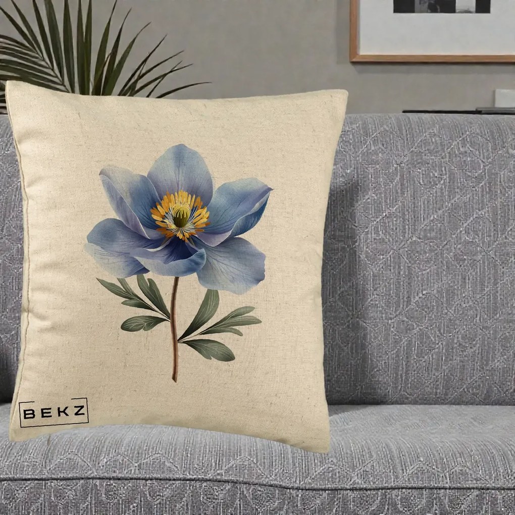 Perna Decorativa Anemona Albastra Botanica, 40x40 cm, Bej, Husa Detasabila, Perna Inclusa, BEKZ®