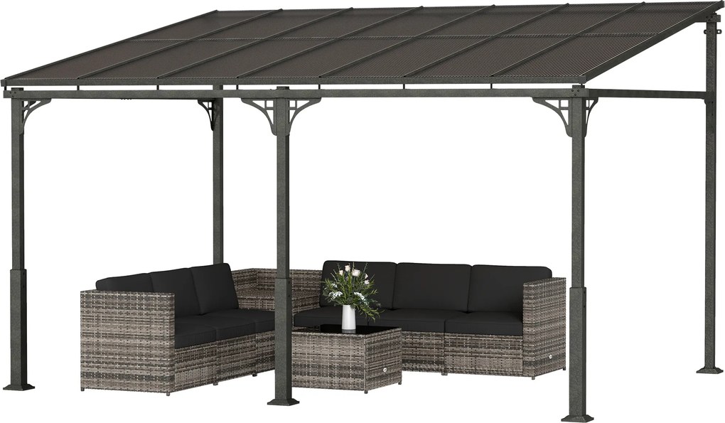 Outsunny Pergolă atașată 4 x 3 m, acoperiș înclinat din policarbonat, cadru metal-aluminiu, montaj pe perete | Aosom Romania