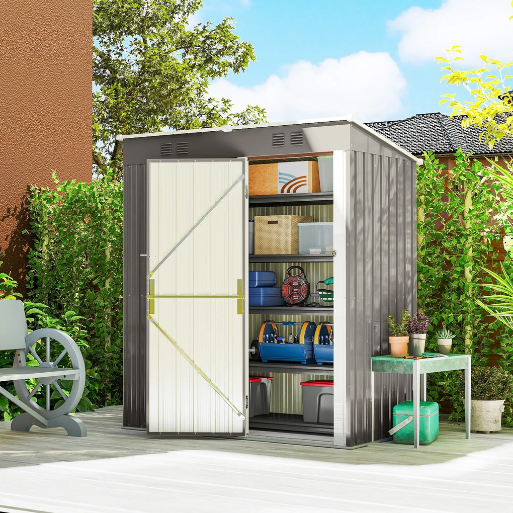 Outsunny Magazie de grădină din metal tip sprijinit 2 grile de aerisire acoperiș înclinat anti-UV 163x90x179cm Gri deschis | Aosom Romania